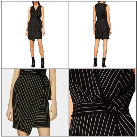 BCBGMAXAZRIA Professional Black Pinstripe Faux-Wrap Asymmetrical Belted Dress XS - Picture 3 of 13